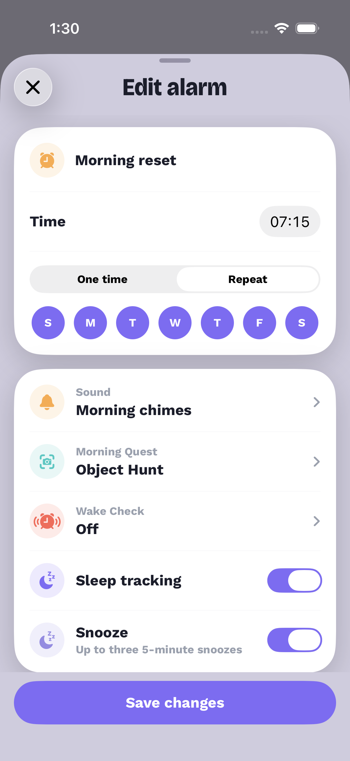Koala Sleep alarm editor with Morning Quest and Wake Check