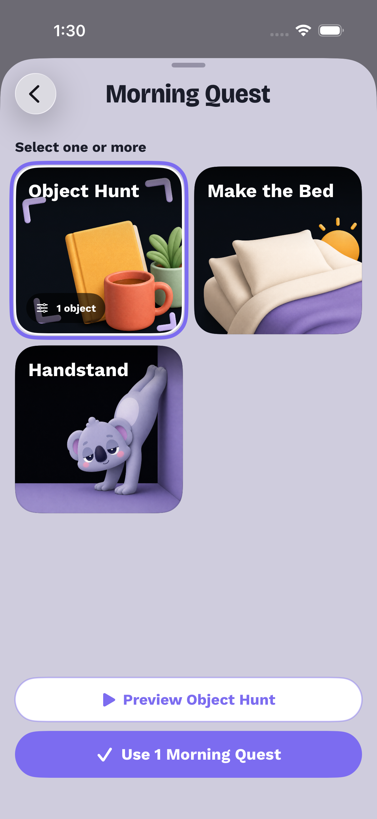 Koala Sleep Morning Quest picker with Object Hunt, Make the Bed, and Handstand