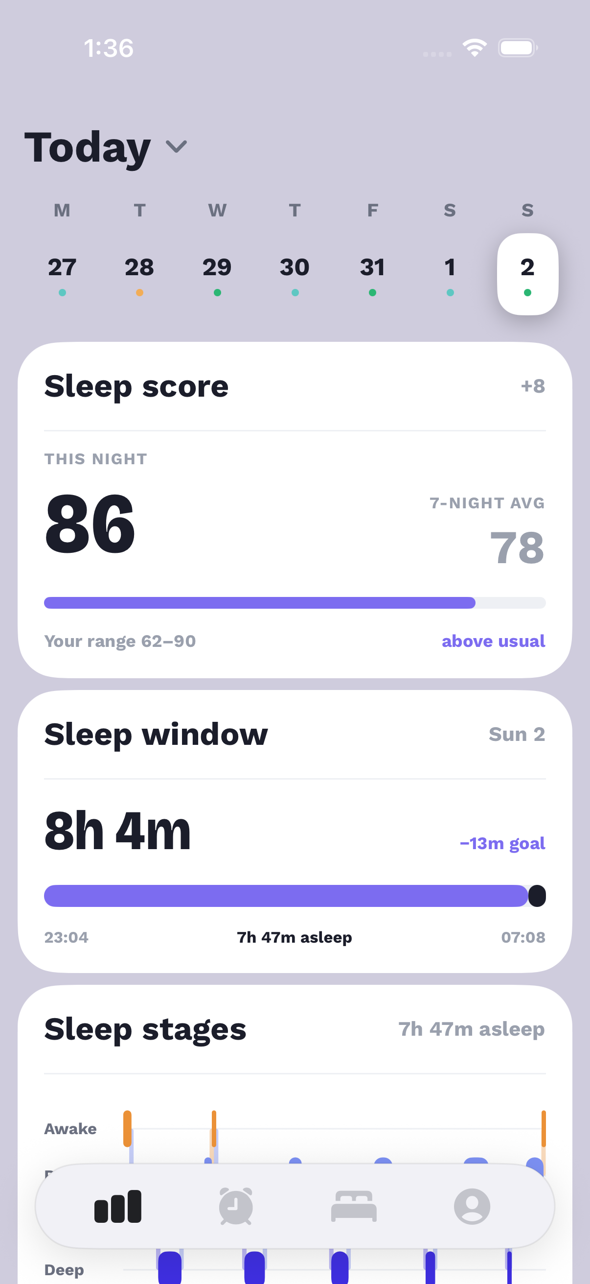 Koala Sleep statistics showing sleep score and sleep stages